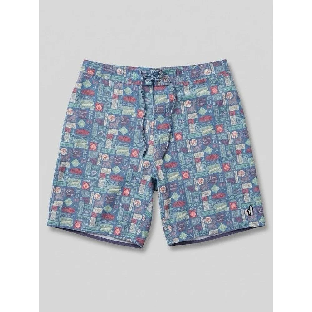 johnnie-O Mens XL Half-Elastic Swim Trunks Board Shorts Surf Patch Sticker Print